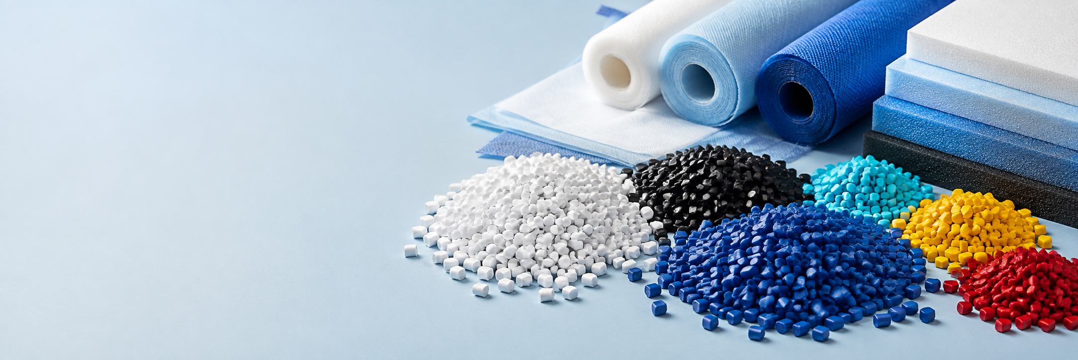 Illustration of colored and functional masterbatch pellets with nonwoven fabric and crosslinked polyethylene foam application samples.