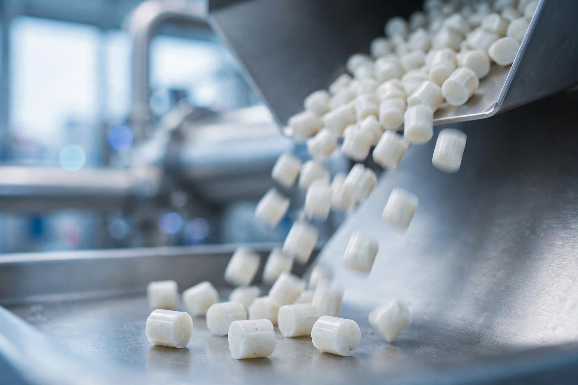 White polymer-like pellets falling from a metal chute into a tray