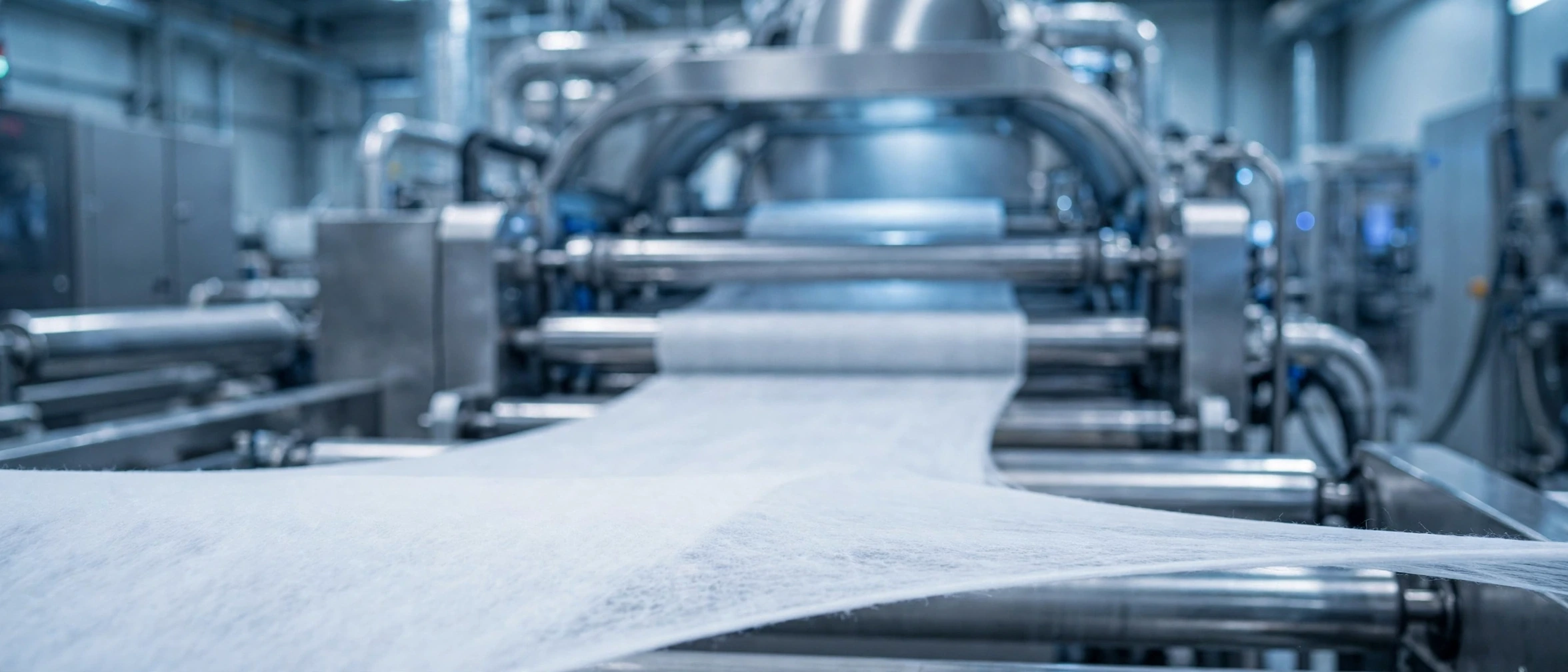 A white nonwoven web passing over rollers in a cool-blue processing scene