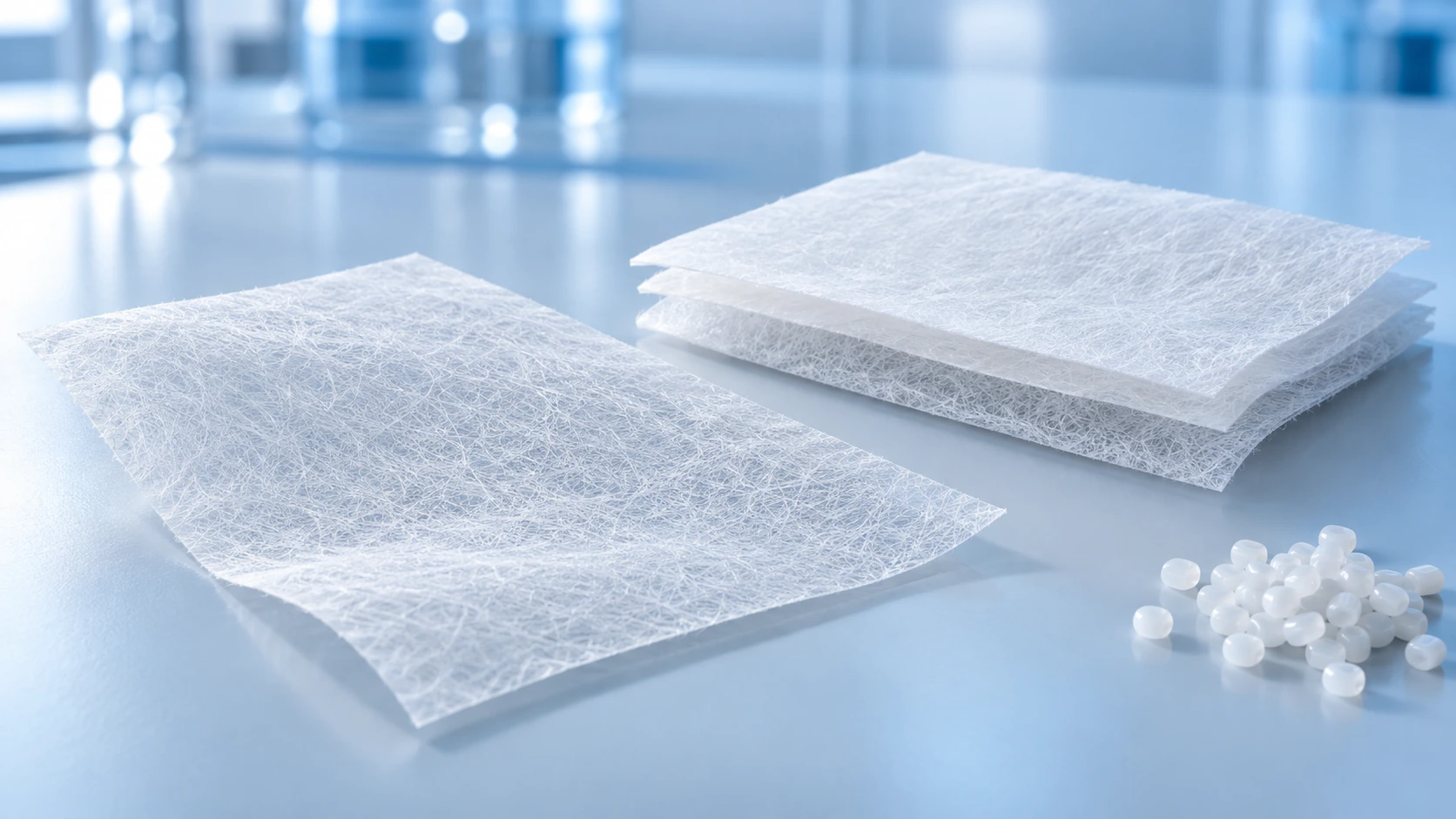Application illustration: Illustrative white nonwoven sheet and layered specimen on a cool blue laboratory worktop, with a small cluster of neutral polymer pellets.